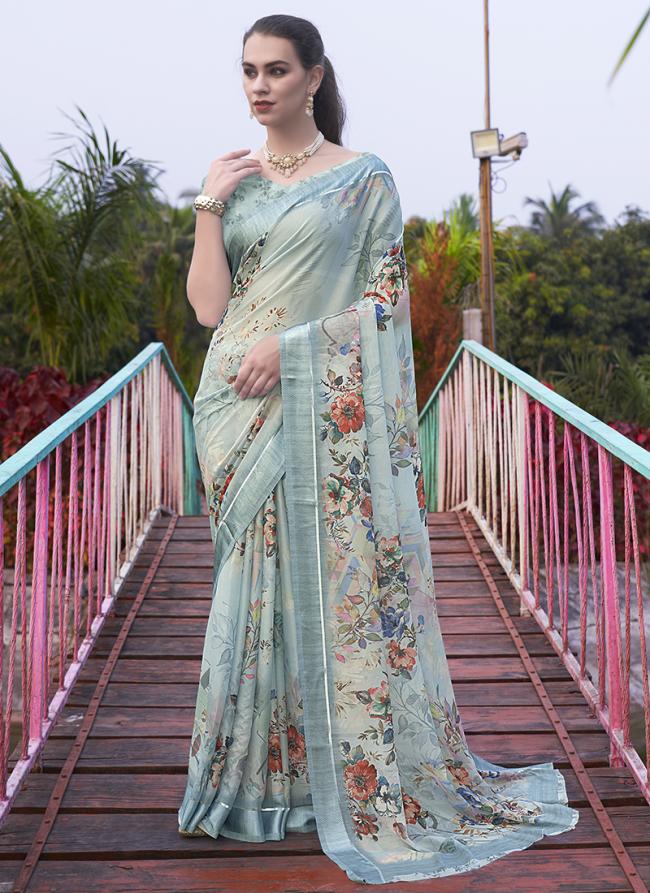 Georgette Sky Blue Casual Wear Printed Saree